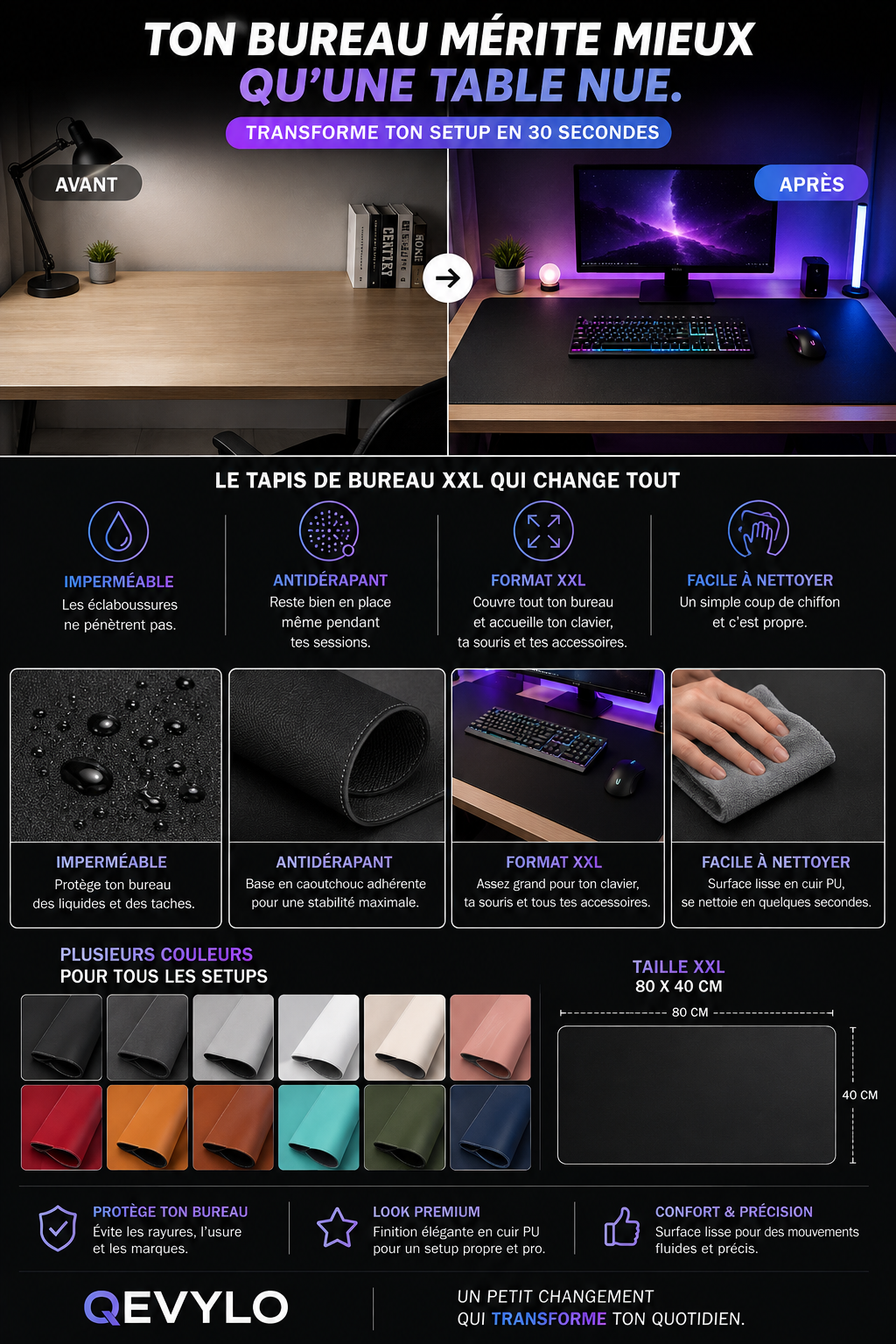 Tapis de Bureau XXL Gaming en Cuir – Imperméable, Antidérapant & Facile à Nettoyer