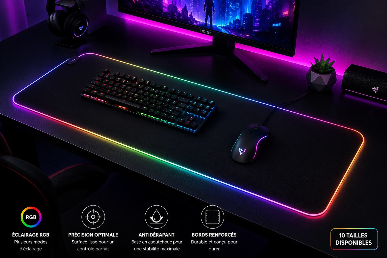 Tapis de Souris Gaming RGB XXL – Éclairage 16 Couleurs, Antidérapant