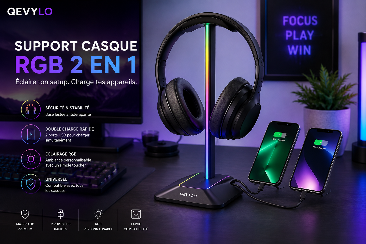 Z8 RGB – Support Casque Gaming avec 2 Ports USB