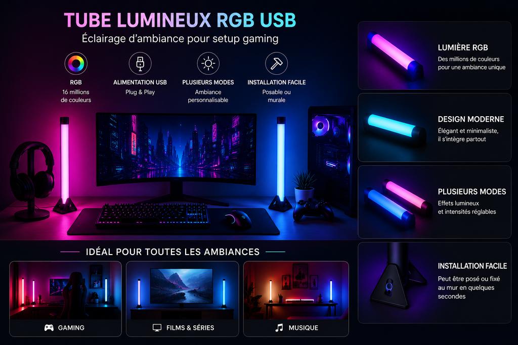 Tube Lumineux RGB USB – Éclairage d’Ambiance pour Setup Gaming