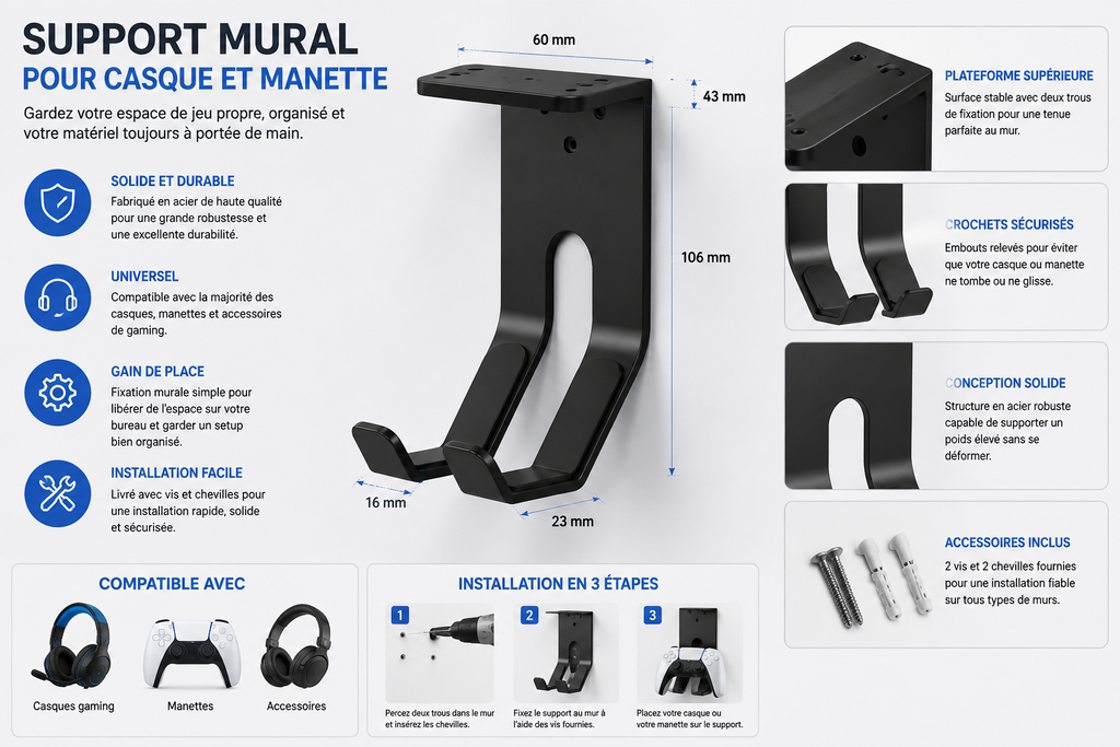 Support Suspendu Sous Bureau pour Manettes et Casque Gaming – Compatible PS5/PS4/Switch