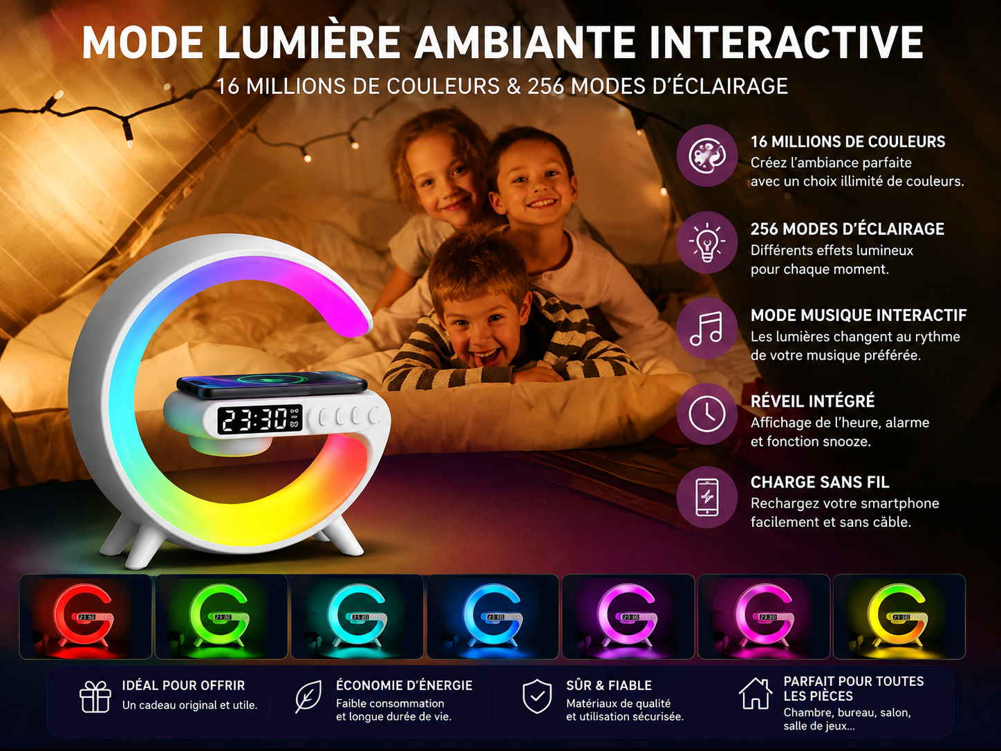 Station de Charge Sans Fil 3-en-1 RGB – Chargeur avec Réveil et Enceinte Bluetooth