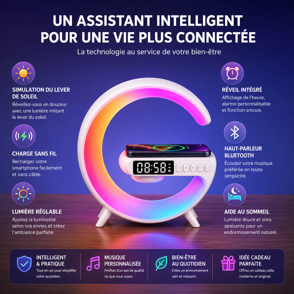 Station de Charge Sans Fil 3-en-1 RGB – Chargeur avec Réveil et Enceinte Bluetooth