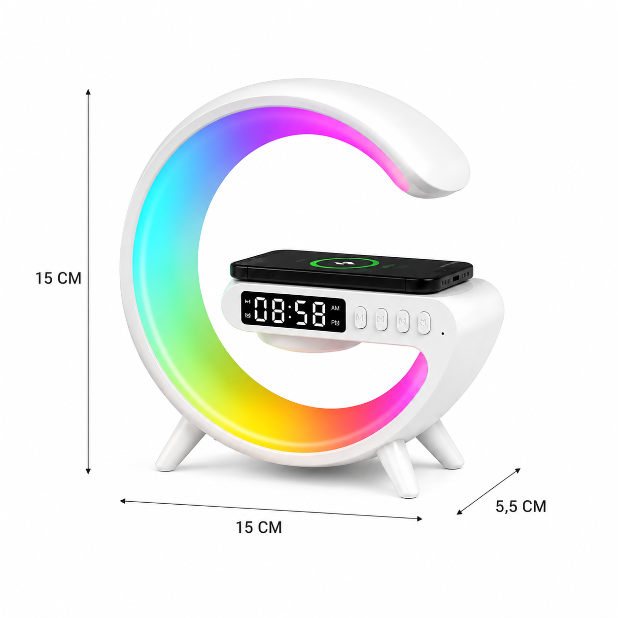 Station de Charge Sans Fil 3-en-1 RGB – Chargeur avec Réveil et Enceinte Bluetooth