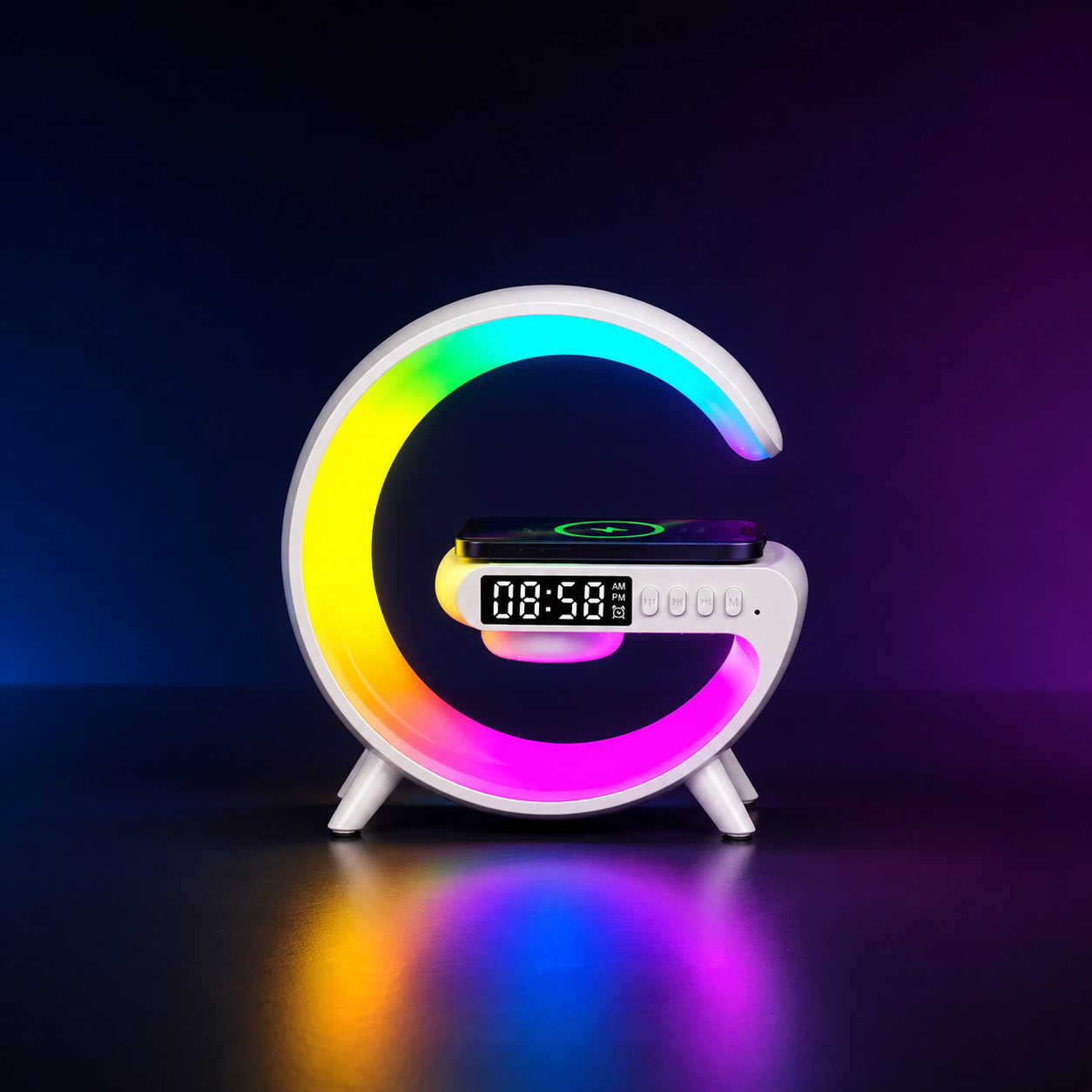 Station de Charge Sans Fil 3-en-1 RGB – Chargeur avec Réveil et Enceinte Bluetooth