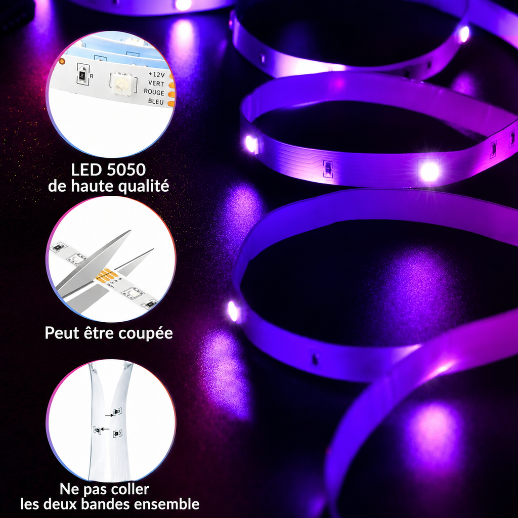 Ruban LED RGB Music Sync – Bande Lumineuse Connectée avec Micro Intégré, Contrôle App, DC12V (5m/10m/15m/20m/40m)