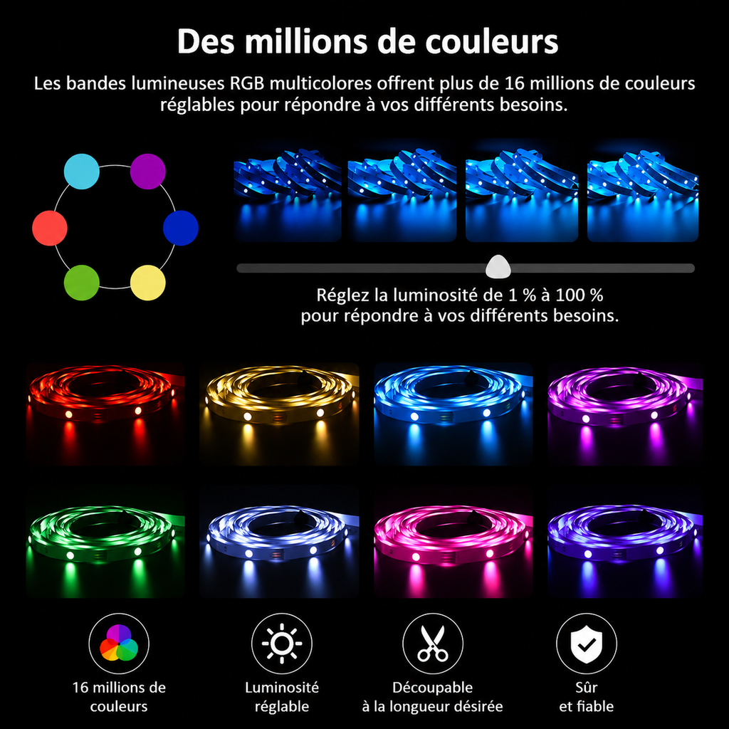 Ruban LED RGB Music Sync – Bande Lumineuse Connectée avec Micro Intégré, Contrôle App, DC12V (5m/10m/15m/20m/40m)
