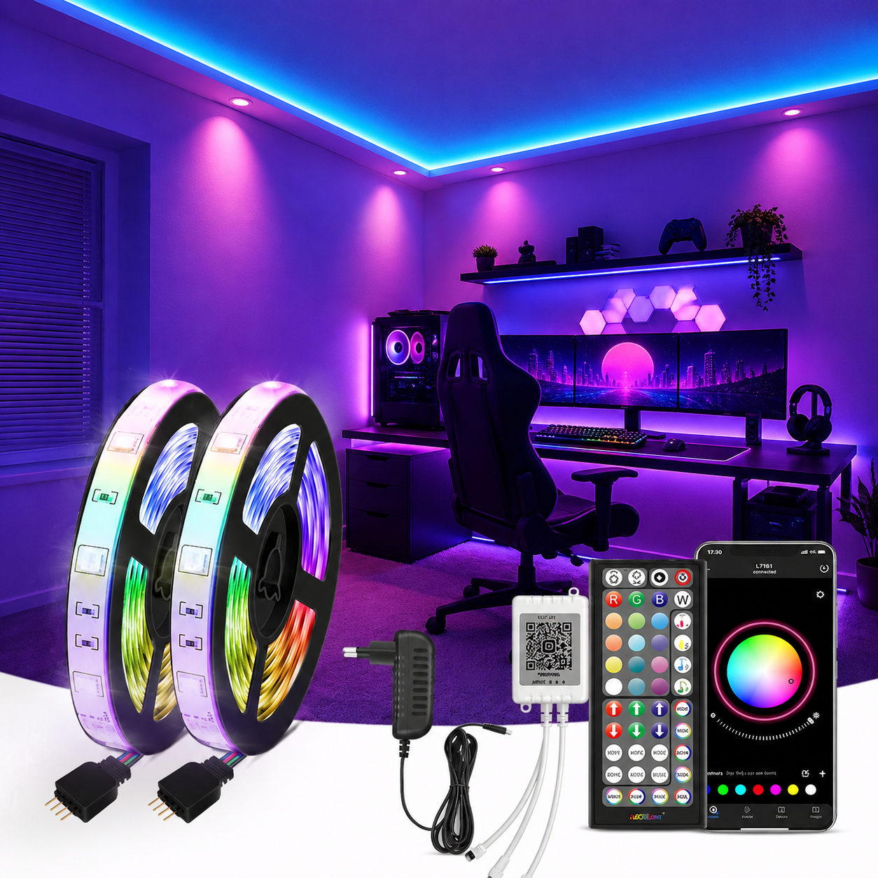 Ruban LED RGB Music Sync – Bande Lumineuse Connectée avec Micro Intégré, Contrôle App, DC12V (5m/10m/15m/20m/40m)
