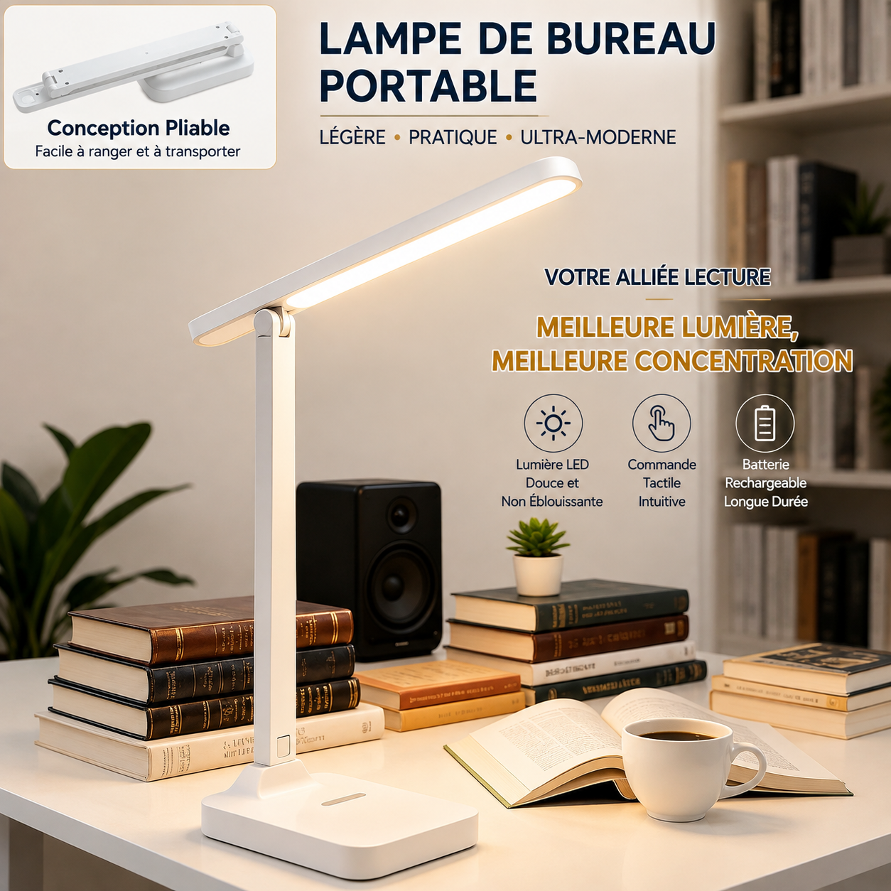 Lampe de Bureau LED Tactile Rechargeable – 3 Niveaux de Luminosité, Design Moderne