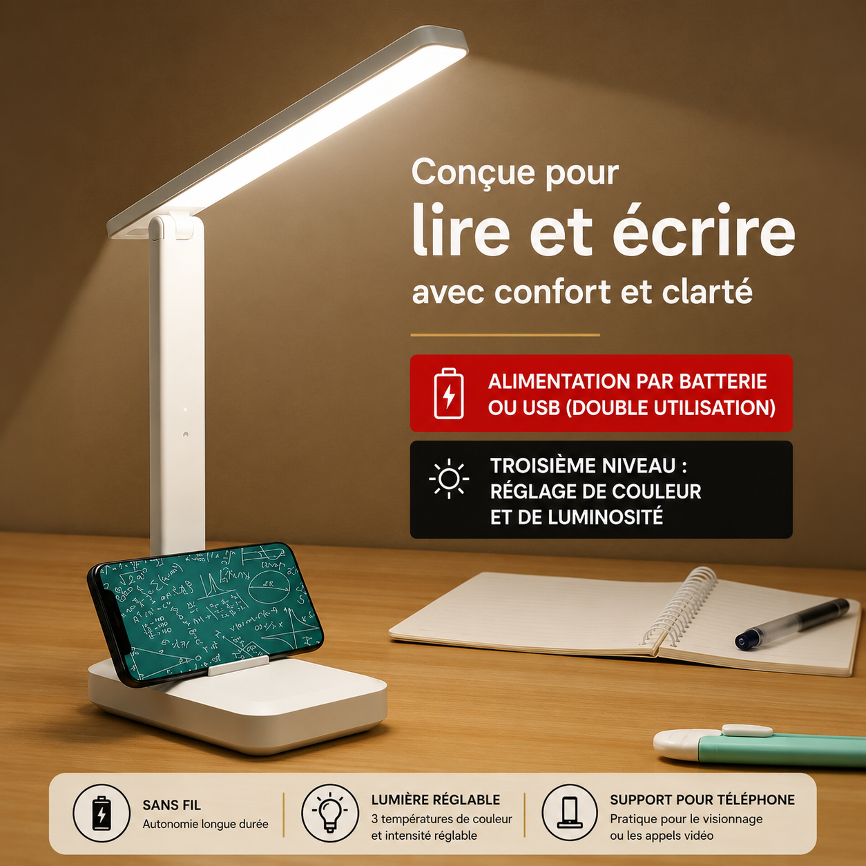Lampe de Bureau LED Tactile Rechargeable – 3 Niveaux de Luminosité, Design Moderne